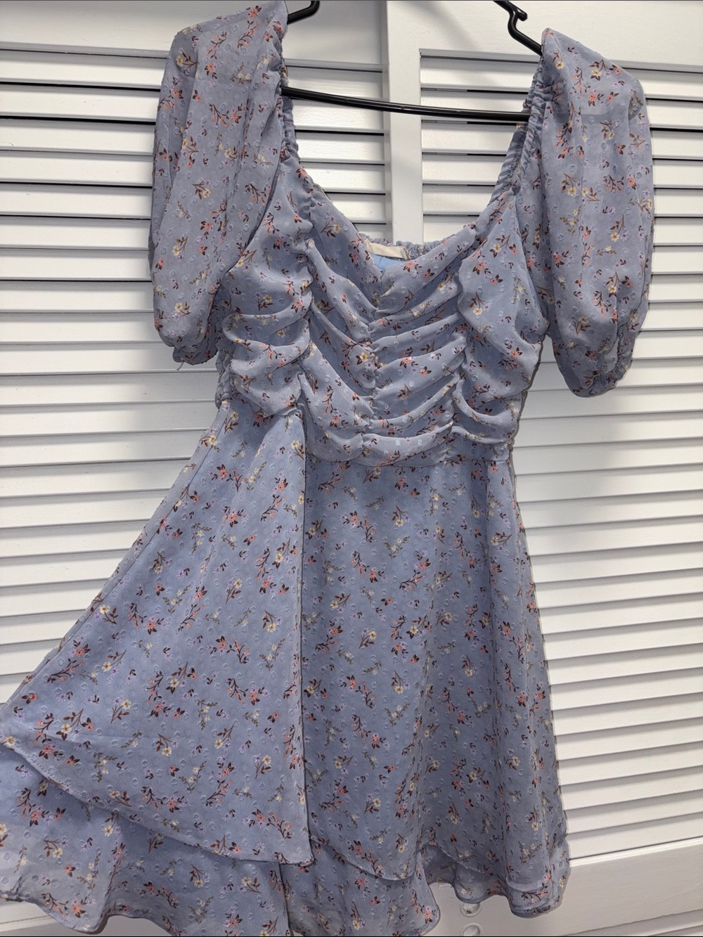 Altar'd State Lavender Floral Ruched Puff-Sleeve Mini Dress